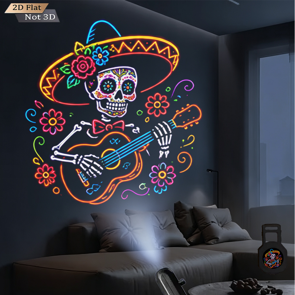 TEMU Usb Powered Projector Light Halloween Neon Sugar Playing Guitar With Flowers Led Projection Lamp Ambient Night Light Decor For Bedroom Living