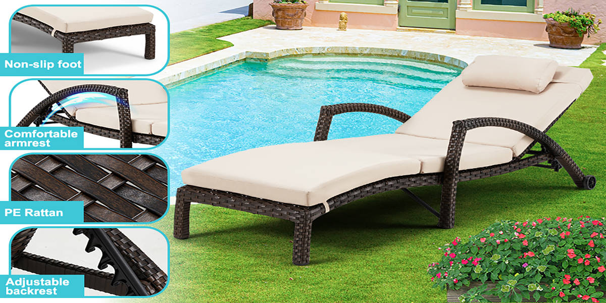 Set of 2 Outdoor Wicker Chaise Lounge Chairs with Cushions, 5-Position Adjustable Patio Rattan Recliners with Wheels for Pool, Garden & Balcony