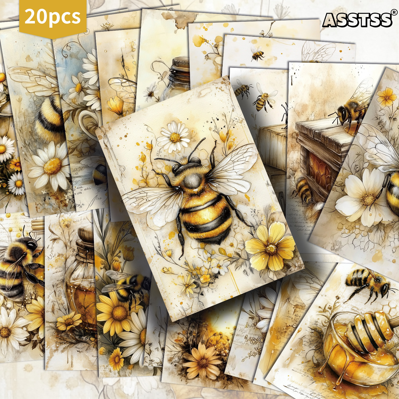 TEMU 20-pack Asstss Vintage Honey And Bee Postcards - 4x6 Inches Junk Journal Supplies Paper, Scrapbooking Supplies, Collectible Decorative Painting