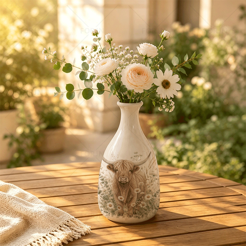 TEMU 1pc Ceramic Vase, Highland Cow Floral Scene , Suitable For Displaying Dried Flowers, It Makes A Gift For Kitchens, Living Rooms, Bedrooms, And