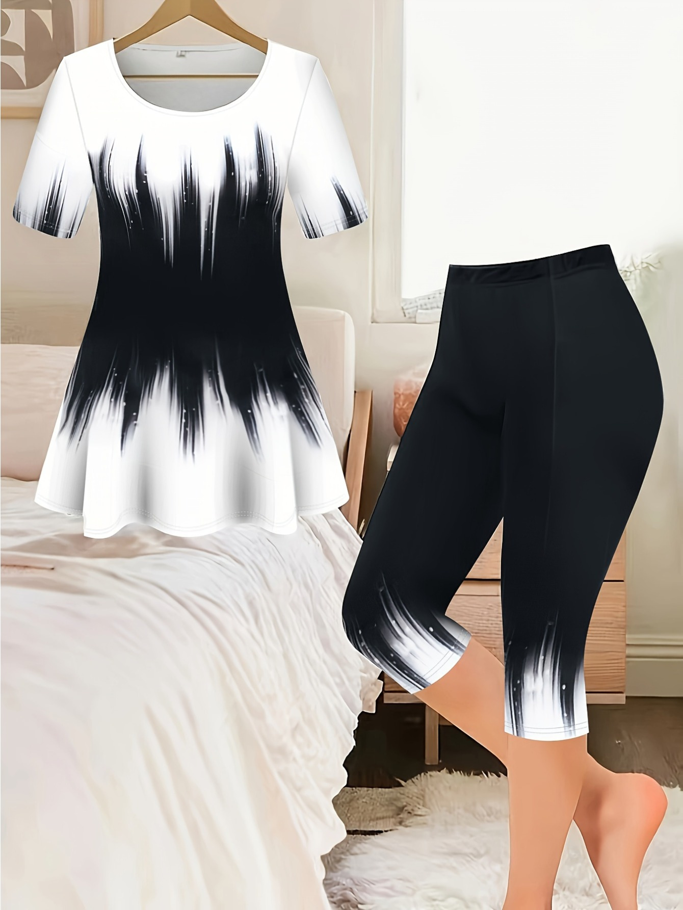 knee length dresses for ladies Black Sheer Lace Bandeau Top & Leggings Co-Ord Set main image 1