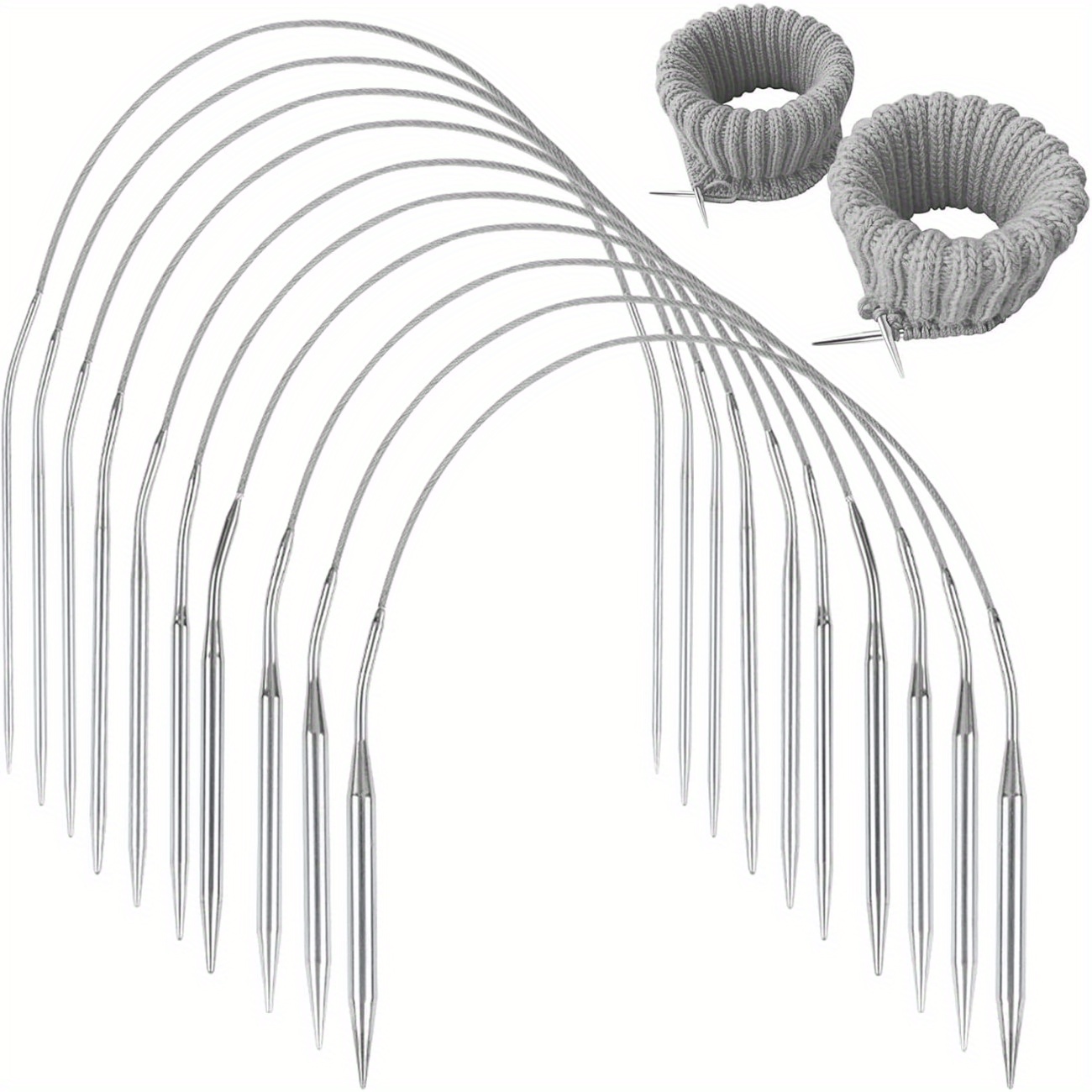 E-shop 10 Stück Edelstahl Rundstricknadel-Set, 40 cm / 16 Zoll, Doppelspitzige Austauschbare Rundstricknadeln mit Kurznadeln Garnfädler, Größen 2-7 mm