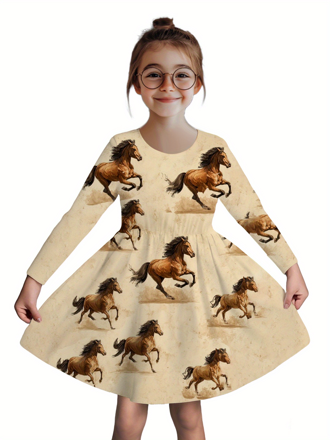 Horse Print Long Sleeve Dress with Pockets - A-Line Smock Dress   & Rider Design, Machine Washable for Easter, Birthday Party, Casual Attire - Spring Summer Fall Outfits (Brown/Beige) - Casual to Semi-Formal Outfits,  ,   Design,   Clothing,  , Childrens Clothing, Fashion