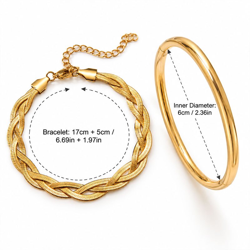 2pc Women's Stainless Steel Braided & Solid Bracelet Set