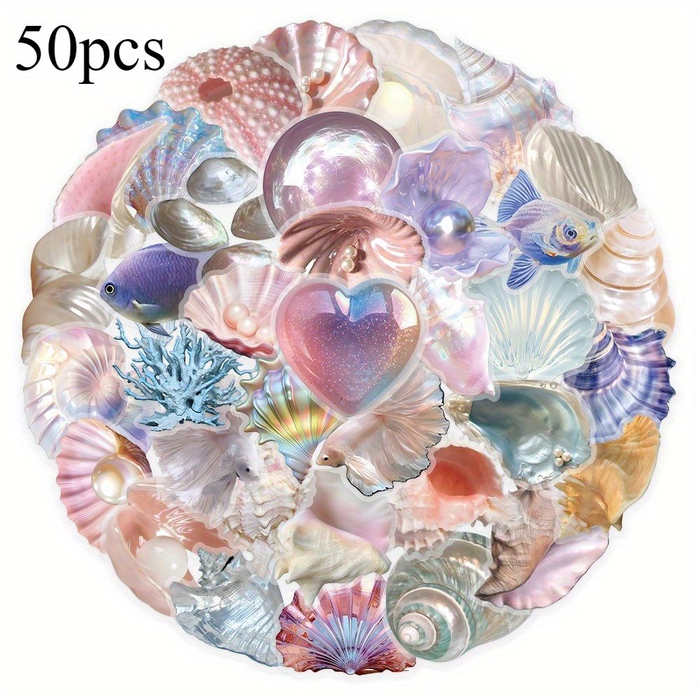 TEMU 50 Stück Exquisite Muschel Aufkleber, Ultra-Realistische Muschel Aufkleber, Bunte Muschel Aufkleber, Schulanfang und Weihnachtsaufkleber, Sehr
