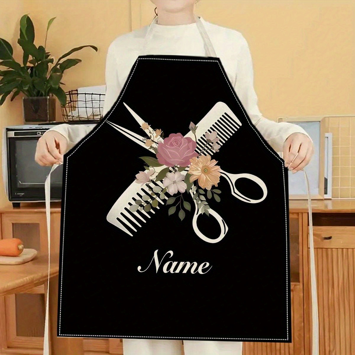 E-shop 1 Stück Personalisierter Name 2D Flachdruck Kreatives Friseurmuster Druck Arbeitsschürze Verstellbare Größe Latzschürze Moderne