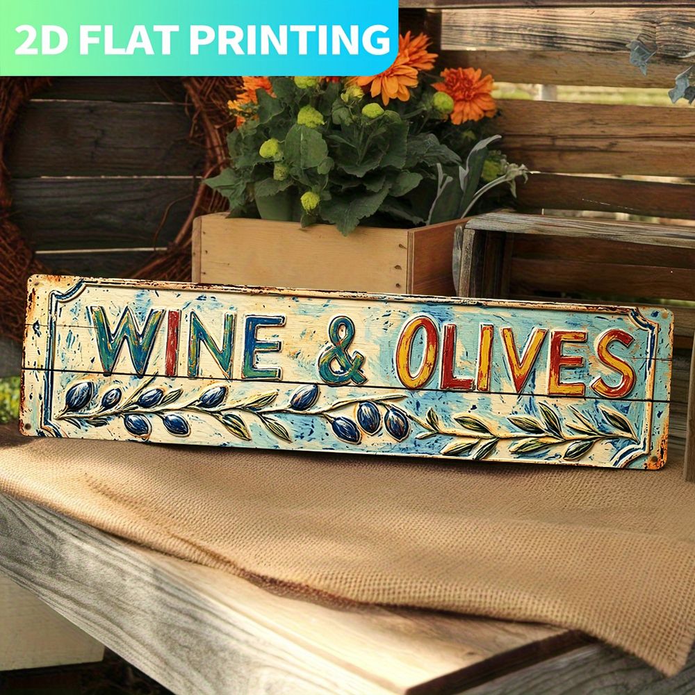 TEMU 2d Flat, 2d Flat Surface, 1pc Of Wooden Print, Vintage Greek Wine And Olive Themed Wooden Decorative Sign, Rustic Style Wall Hanging Ornament,
