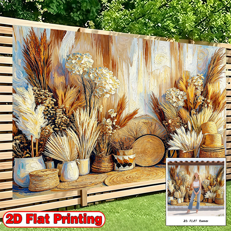 Dried Pampas Grass and Wicker Baskets Banner Backdrop for Events