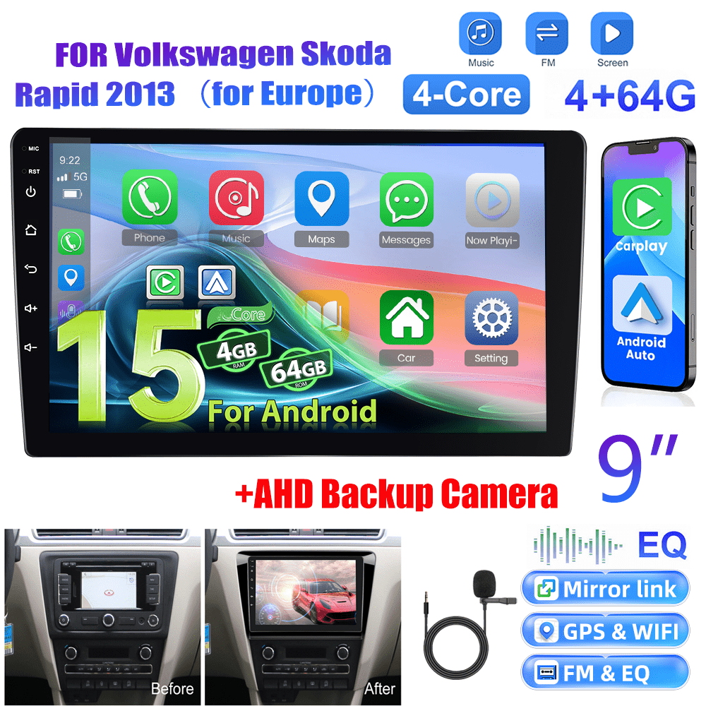 Image of For Rapid 2013 (europe) 15 Car Stereo With & Auto, 9” Ips Touchscreen, Gps, Wifi, Ahd Backup, Steering Wheel Control, Swc Mic, 4+64gb - Compatible Double Din Radio