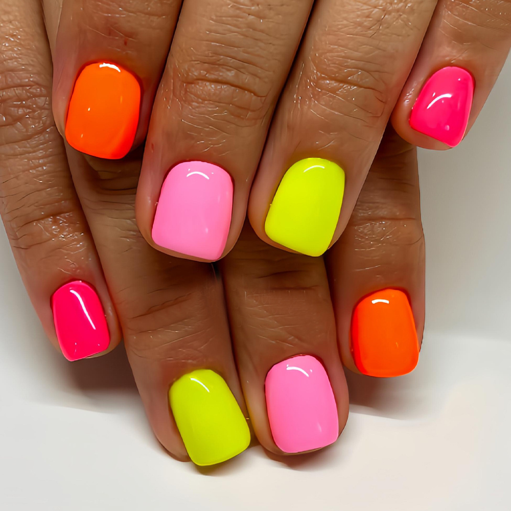 TEMU Spring-summer 24pcs European Style Short Square Mixed Color Dopamine Colors Press-on Nails Yellow Bright Fake Nails Suitable For Women Wedding