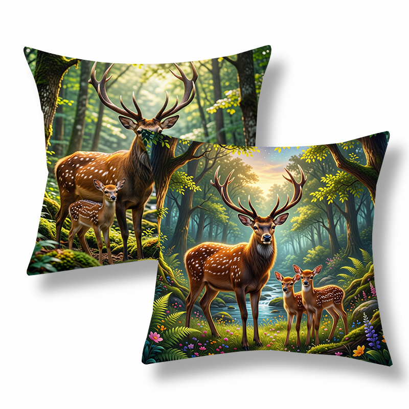 TEMU 2pcs Forest-themed Throw Pillow Covers, Decorative Cushion Cases, Deer Family , Green-. Versatile Pillow Shams For Sofa, Couch, Bedroom Bed,