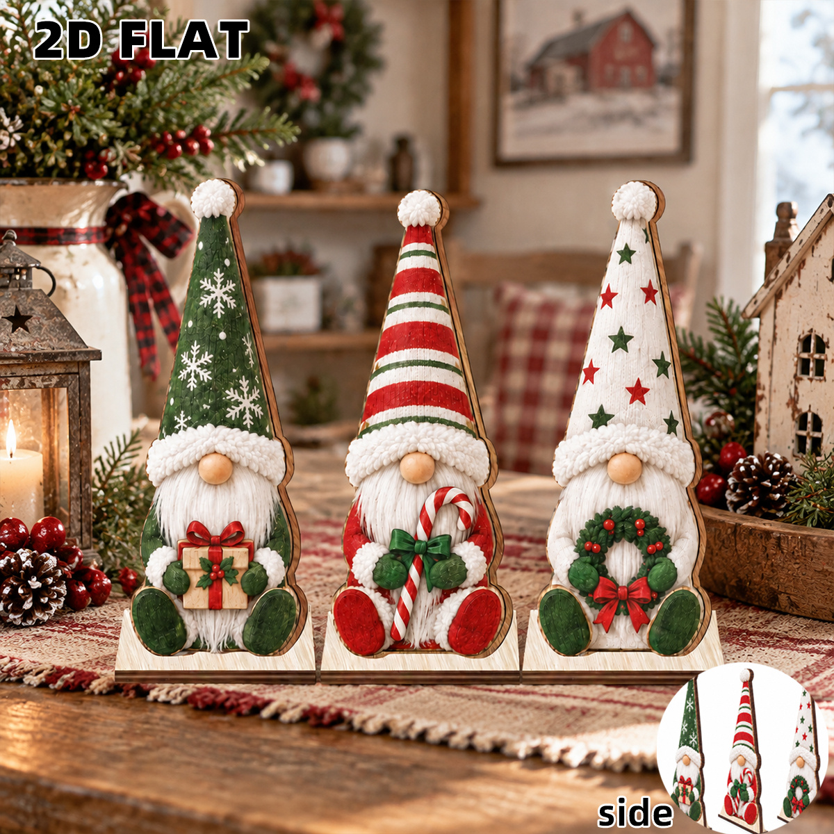 TEMU Decorazione natalizia da tavolo in legno piatto 2D stili di con alti, che tengono scatole regalo, di zucchero e ghirlande natalizie, con stampe