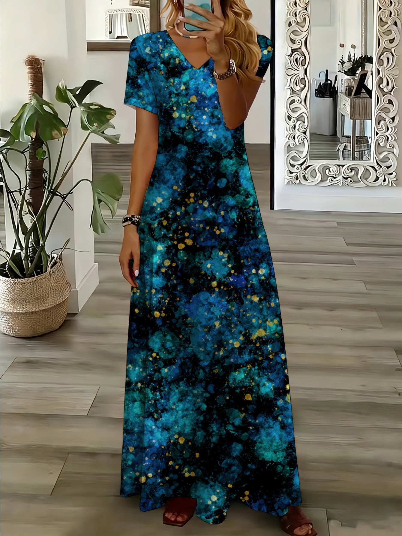 knee length dresses for ladies Mac Duggal - Blue Flutter Sleeve Floral Ruffle Detail Maxi Dress main image 0
