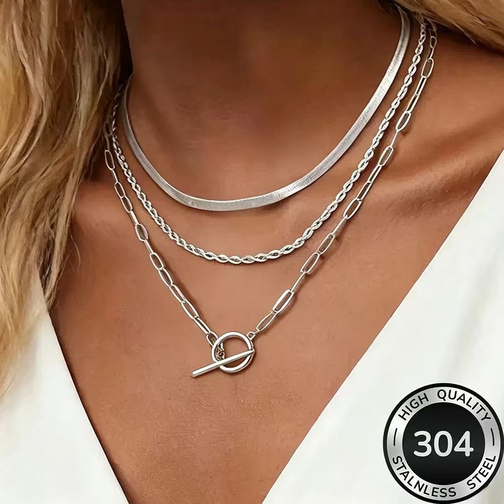 TEMU 3pcs Necklace Set High-quality 304 Stainless Steel Low-allergy Golden Necklace, Polished, Fade-resistant, Easy And Elegant, Suitable For Daily