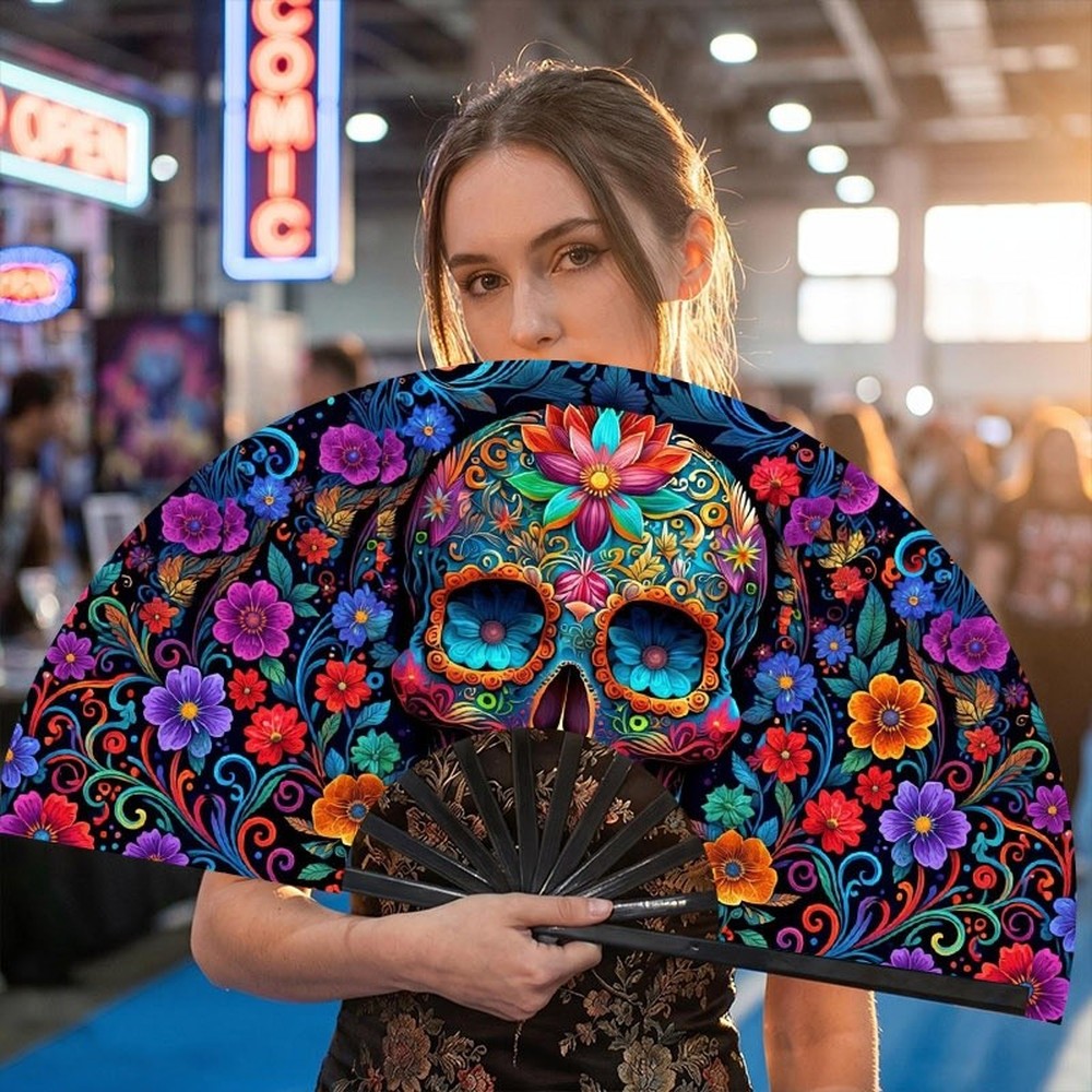 TEMU Of Dead Sugar Skull Floral Print Folding Handheld Fan, 13inch Plastic Snap Fan 1-pack, Portable Decorative Accessory Suitable Parties, Daily