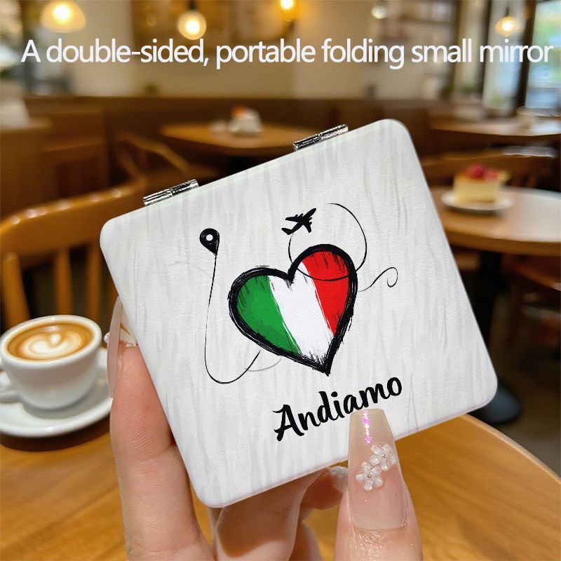 TEMU Specchietto Italy Heart - Specchio cosmetico pieghevole bifacciale, specchio da trucco da viaggio, specchietto tascabile portatile per borsetta,
