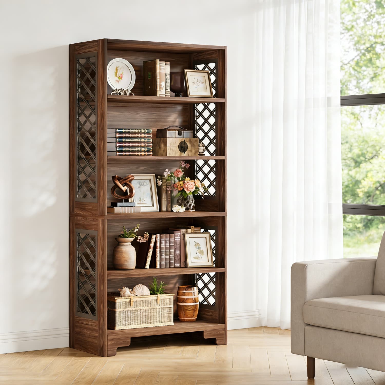 Image of 6 Tier Bookcase, 180cm High Vintage Standing Shelf With Open Display Storage, Industrial Wooden Book Shelf For Living Room And Home Office