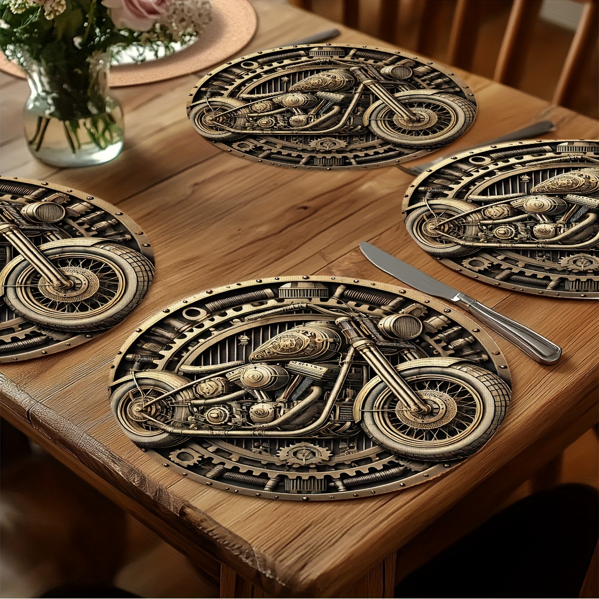 TEMU 4pcs Motorcycle Pattern Round Placemats, Suitable For Dining Tables, Kitchens, Party Decorations, Daily Holiday Gifts, 15x15inch Polyester
