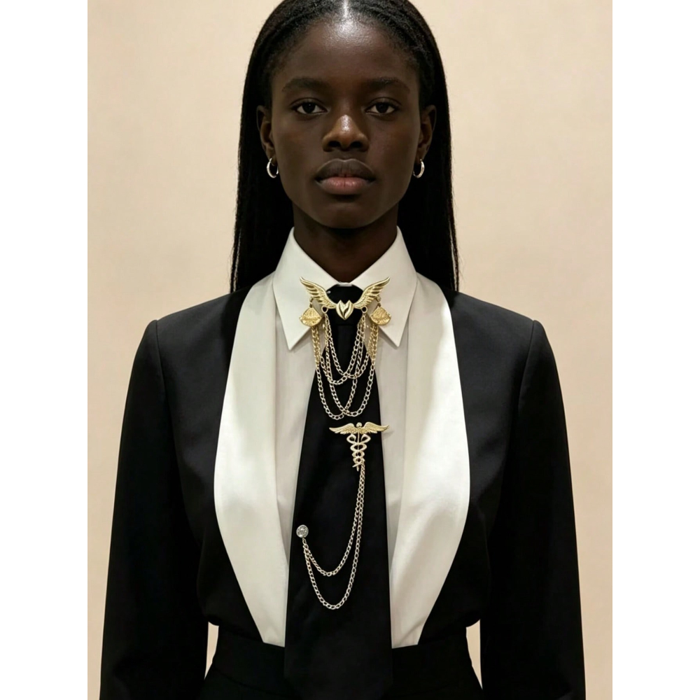TEMU Necktie With Rhinestone Chains And Golden Ornament, Elegant Pre-tied Tie For Formal And Stylish Outfits