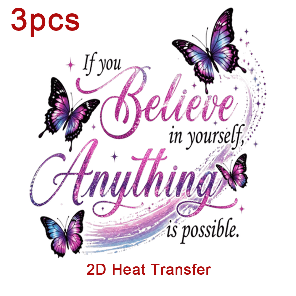 TEMU 3pcs 2d Flat Inspirational English Slogan Heat Transfer Stickers, Purple Blue Gradient Glitter And Motivational Text Theme Pattern, Iron-on