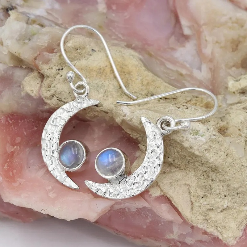 Women's K Plated Crescent Moonstone Earrings, Elegant Minimalist