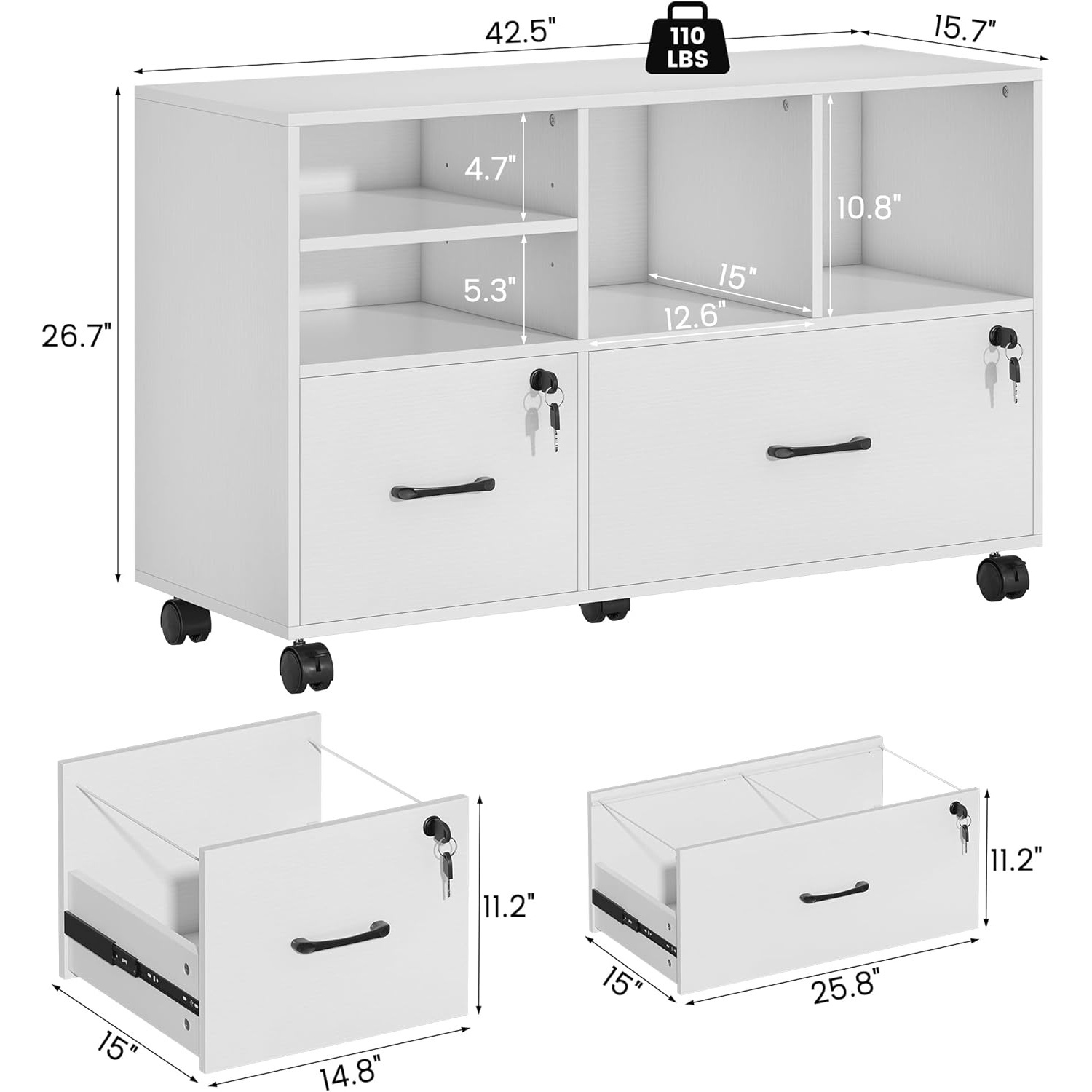 2 Drawer Wood Mobile Large Lateral File Cabinet with Lock, Lockable Rolling Filing Cabinet with Storage Shelves, Printer Stand Office Storage Cabinet for Home Office Fits Files Legal/A4, White