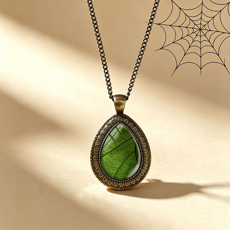 TEMU 1pc Green Leaf Vein Texture Necklace Glass Dome Teardrop Pendant Unisex Versatile Clavicle Chain Gift Accessory