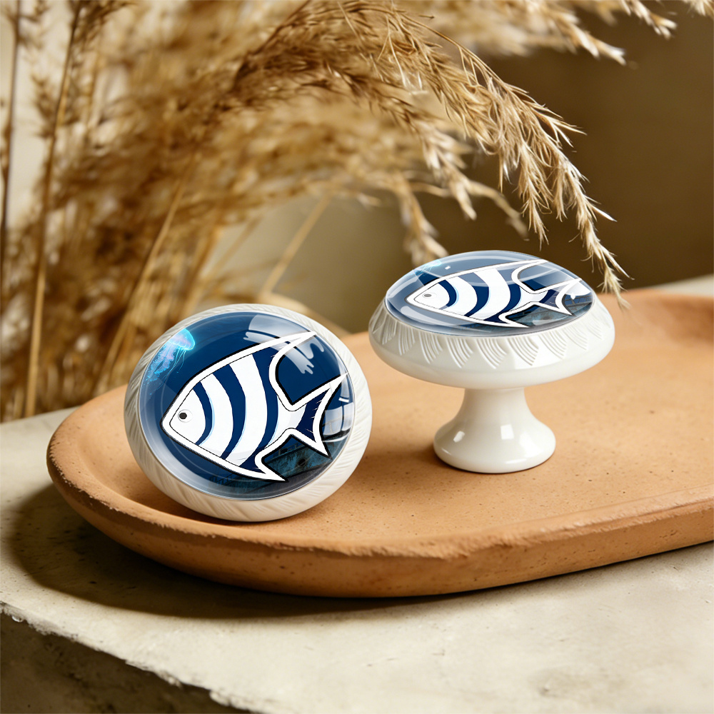 TEMU 4pcs Marine-style Blue And White Striped Fish Drawer Handle, Creative -themed Furniture Hardware Accessory, Personalized Round Drawer Handle For