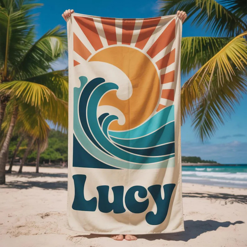TEMU 2d Flat - 2d Flat - Personalized Beach Towels With Custom Names, Featuring Abstract Wave And Sun Patterns Made Of Ultra-absorbent Microfiber