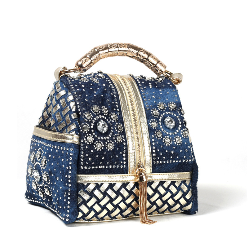 TEMU 2026 New Fashionable Anti-theft Woven Diamond Inlaid Women's Bag With Tassel, Handheld Single Shoulder Back, Large With Diamond For Women's