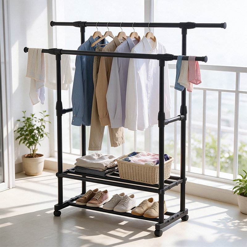 Image of Adjustable Double Rod Garment Rack With Wheels, Heavy Duty Metal Rolling Clothes Rack With 2 Storage Shelves For Bedroom And Entryway