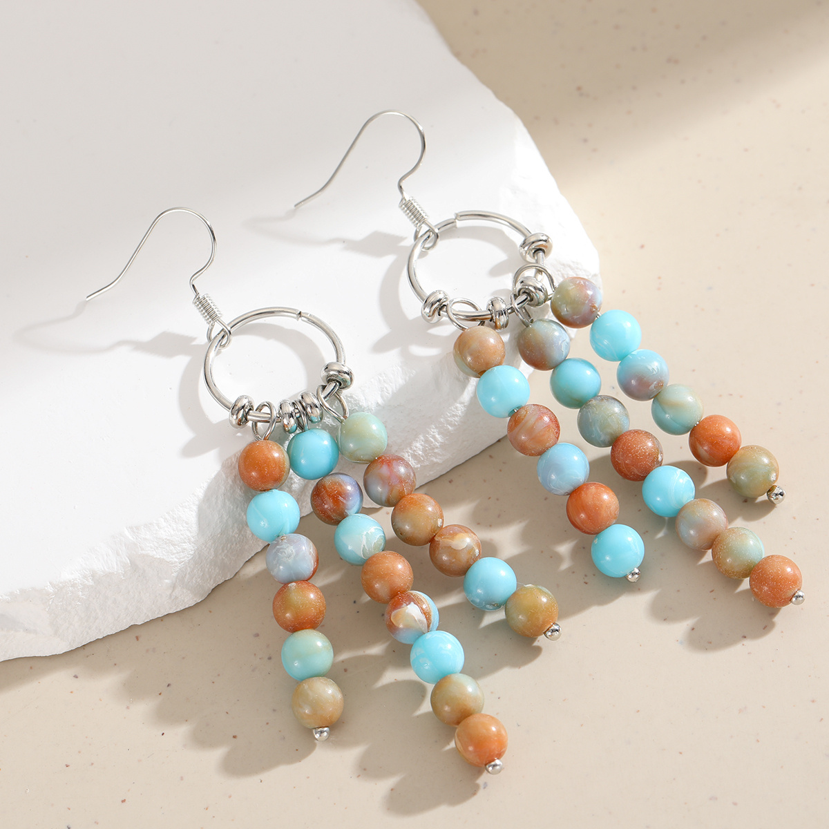 TEMU Bohemian Ethnic Style Multi-strand Synthetic Stone Bead Tassel Women's Pendant Earrings Suitable For Parties, Dates, , And Additions