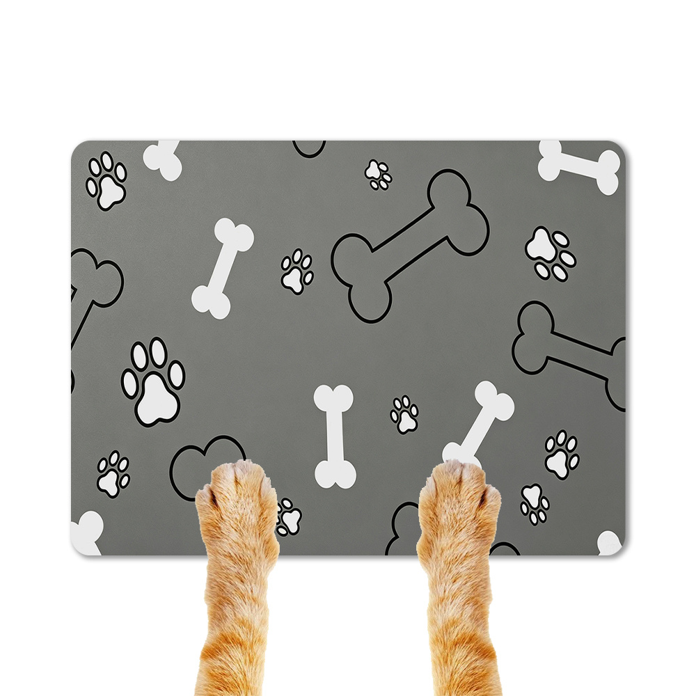 TEMU 1pc Gray Themed Bone And Paw Print Design Pet Feeding Mat, Non-slip Base, Absorbent Pet Mat For Dogs And Cats - Stain-free, Easy To Clean, Water