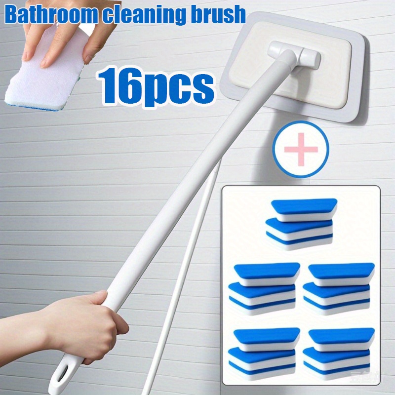 16pcs Removable Bathtub Brush with Long Handle - 2 in 1 Tub Tile Scrubber Brush, Sponge Wall Scrubber Brush for Window Glass Kitchen Swimming Pool Patio Bathtub Glass Floor