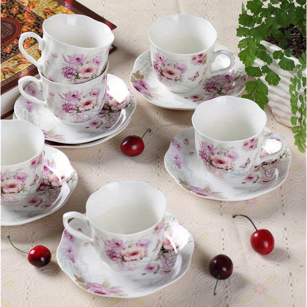 china tea cups and saucers set of 6- 7ounce/ 200ml - tea gift sets for adults - purple floral porcelain teacup with saucer for tea party( total 12pcs) Product details 0