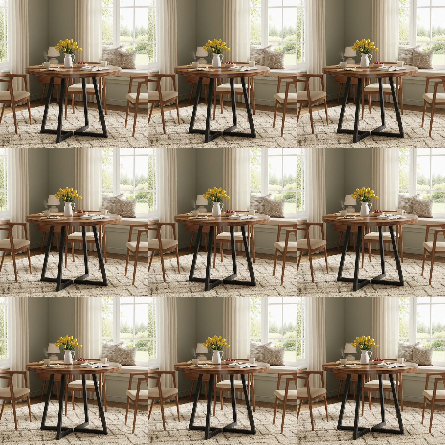 " Compact Circular Industrial Dining , Kitchen Meal Table With Metal Base (rustic ) (table Only)(1pc)