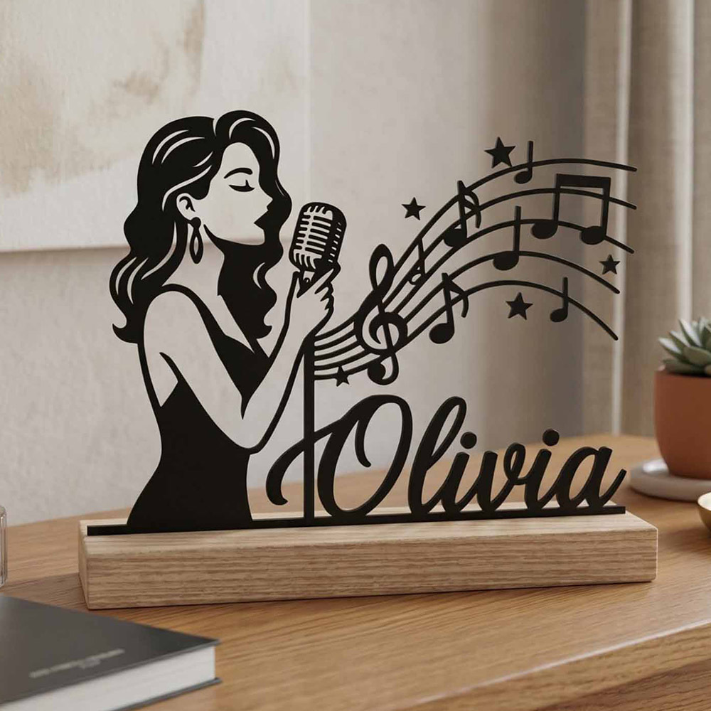 TEMU 1pc Personalized Metal Art Sign Custom Music Themed Desktop Ornament With Wooden Base Unique Musical Note Decor For Home Office Studio Birthday