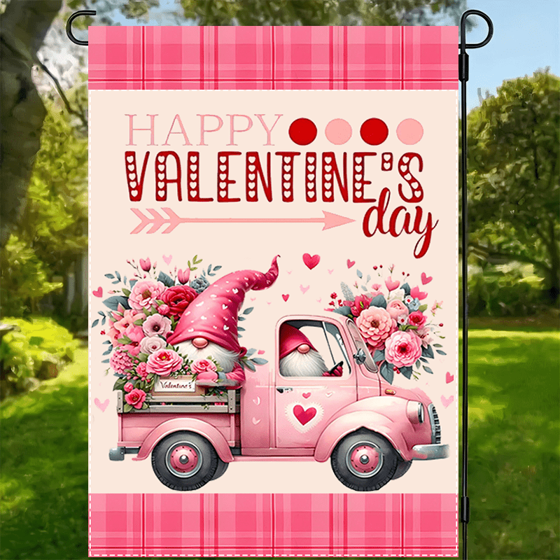 

Happy Valentine's Day Garden Flag - Double-sided, Waterproof With Floral Truck & Design, Home & Outdoor Decor, Polyester, 12x18 Inches