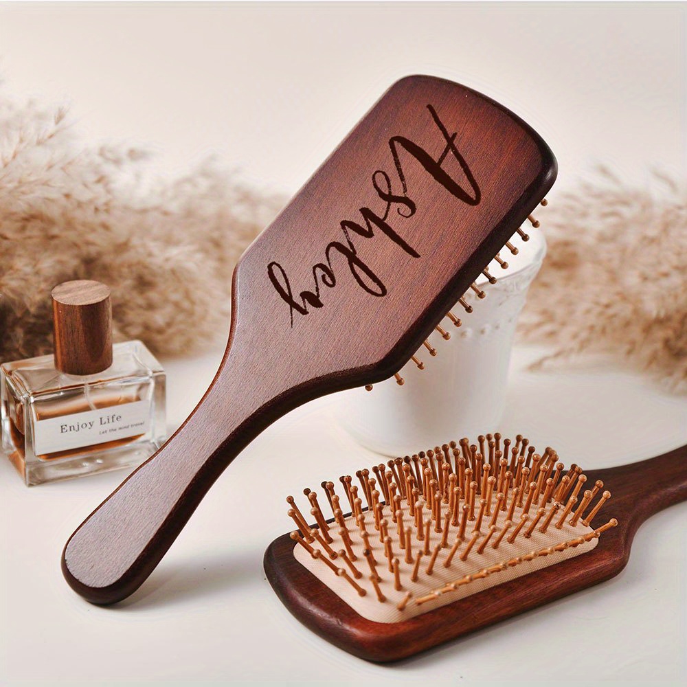 TEMU 1set Custom Stylish Wooden Hairbrush - Personalized Engraving Curly Styling Brush Unscented Design For Wedding Use Thanksgiving Halloween Christmas Gift
