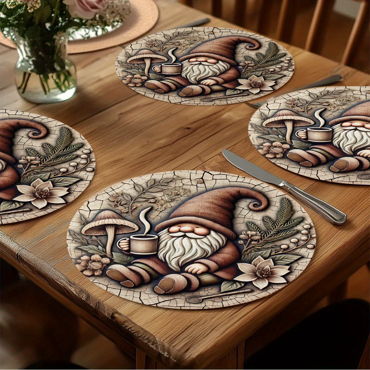 TEMU 4pcs Vintage Gnome-themed Round Placemats- Whimsical Coffee& Tea Design With Mushrooms, Flowers, And Gnomes- Durable, Machine Washable- Perfect