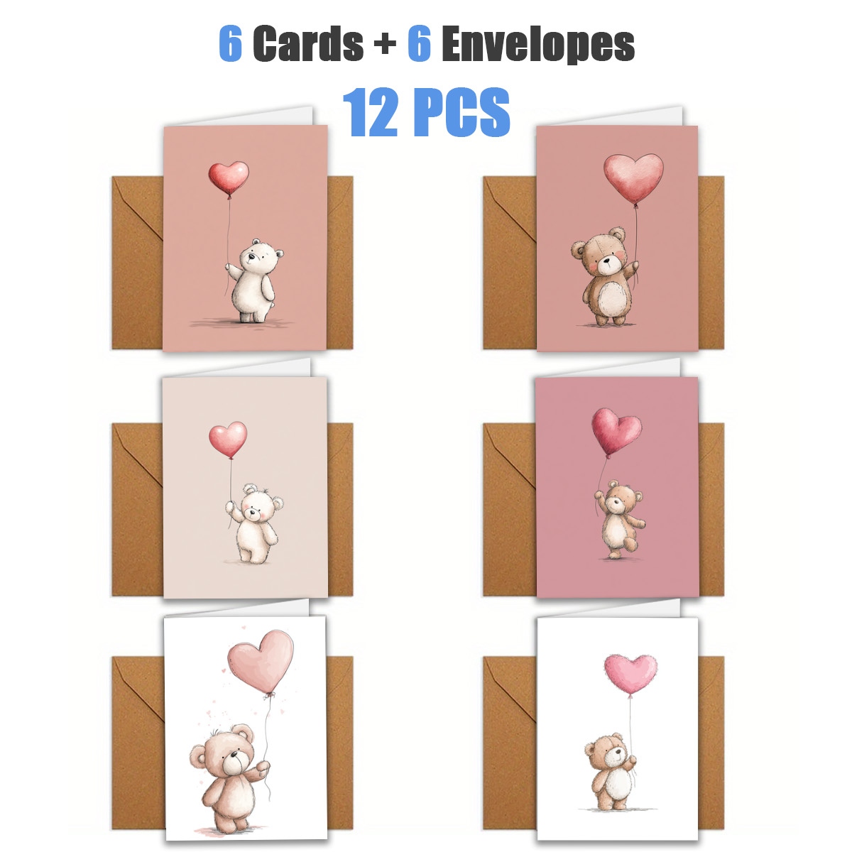 TEMU 12pcs Set (6pcs Greeting Cards And 6pcs Envelopes) Teddy Bear, Balloon, Heart-shaped Cards | Includes Envelopes And Cards | Suitable For