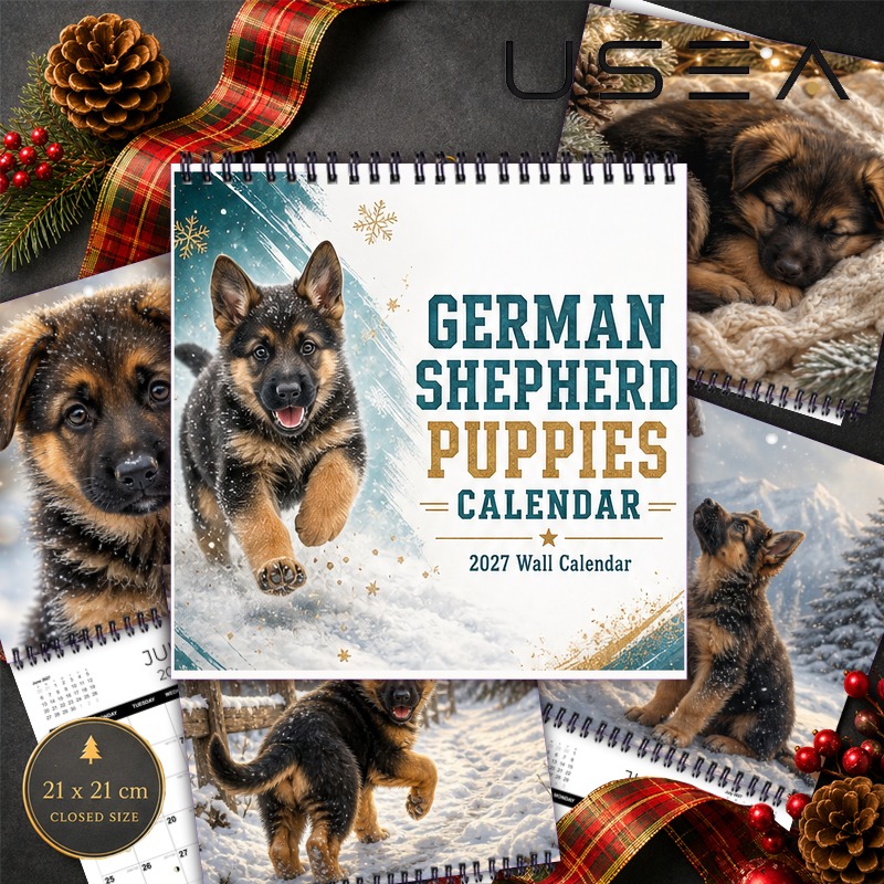 TEMU 2027 Wall Calendar2027 German Shepherd Puppies Wall Calendar, Twin Wire Spiral Hanging Calendar, 8.3x8.3 Inch Square, Monthly Planner With Large