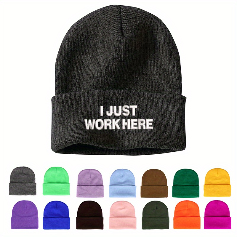 TEMU I Just Work Here Embroidered Beanie Hat - Heavyweight Acrylic With Funny Workplace Phrases, Fits Most (stretchy), Hand Washable Winter Hat For & Suitable For Work, Gifts, Casual Wear