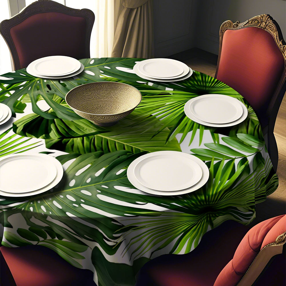 

1pc Nappe Ronde à Imprimé Feuille Verte, Nappe en Polyester Lavable en Machine, Utilisée pour la Décoration de Table de Fête de Cuisine