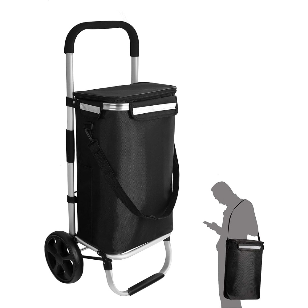 Black Folding Shopping Cart Portable Stair Climber Grocery Cart With Handle 42x36x96cm Large Capacity Hand Trolley Utility Wagon For Household Shopping Camping