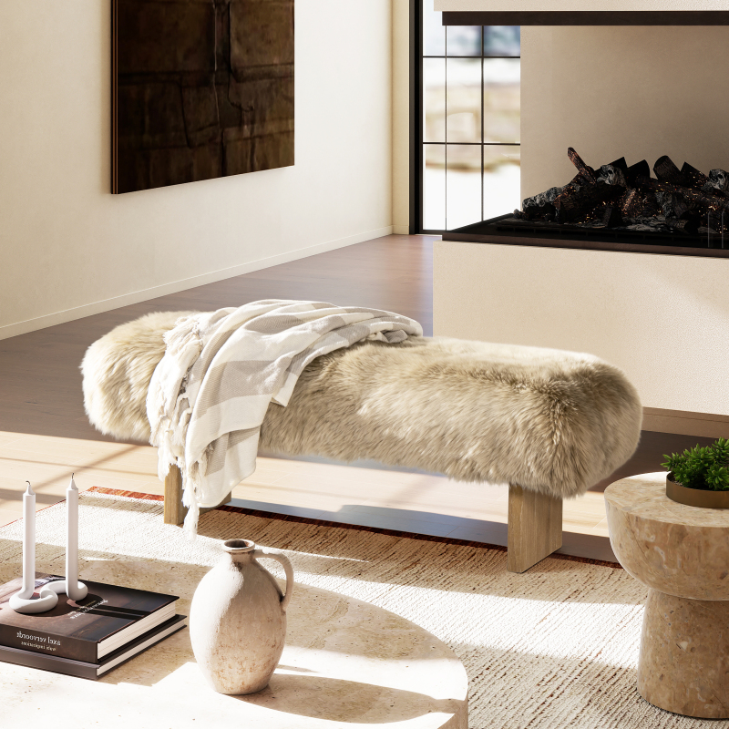 Leda 49' Retro Natural Blonde Sheepskin Fur Bench - Genuine Fur Rectangular Accent Suitable for, Entryway,, Minimalist Scandinavian & Decor, Furniture