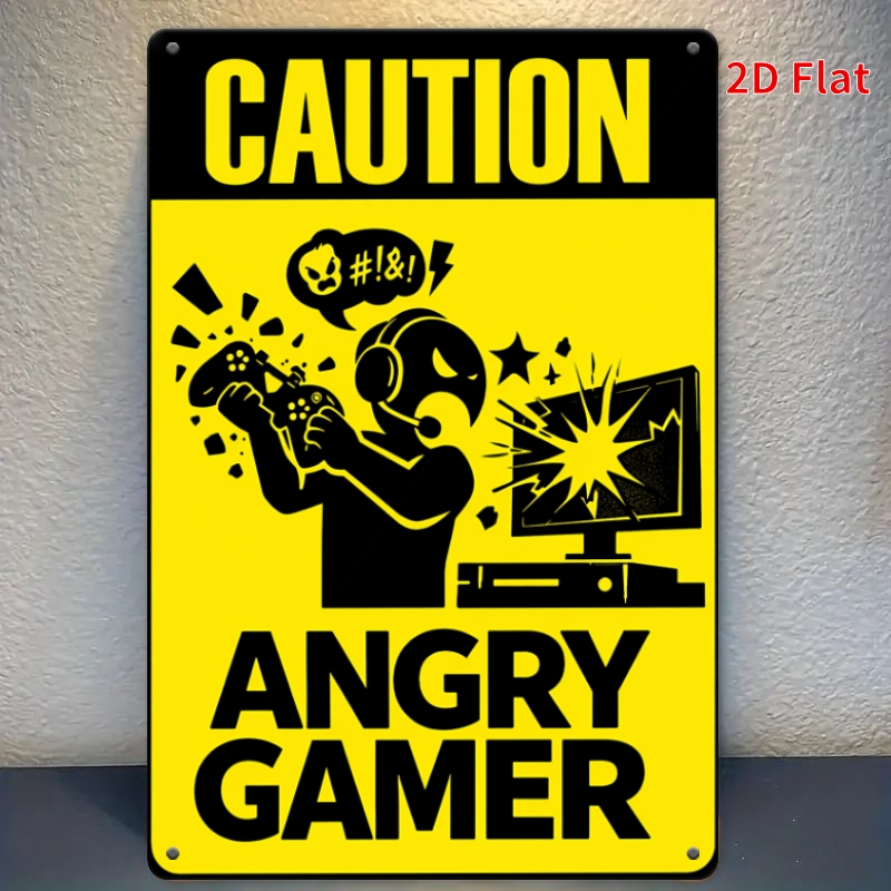 TEMU 2d Flat, [2dfalt] 1pc-30x20cm Caution Angry Gamer Tin Sign, Funny Gamer Decorative Sign, Wall Art For Game Room, Bedroom, Gift For , 2d Flat