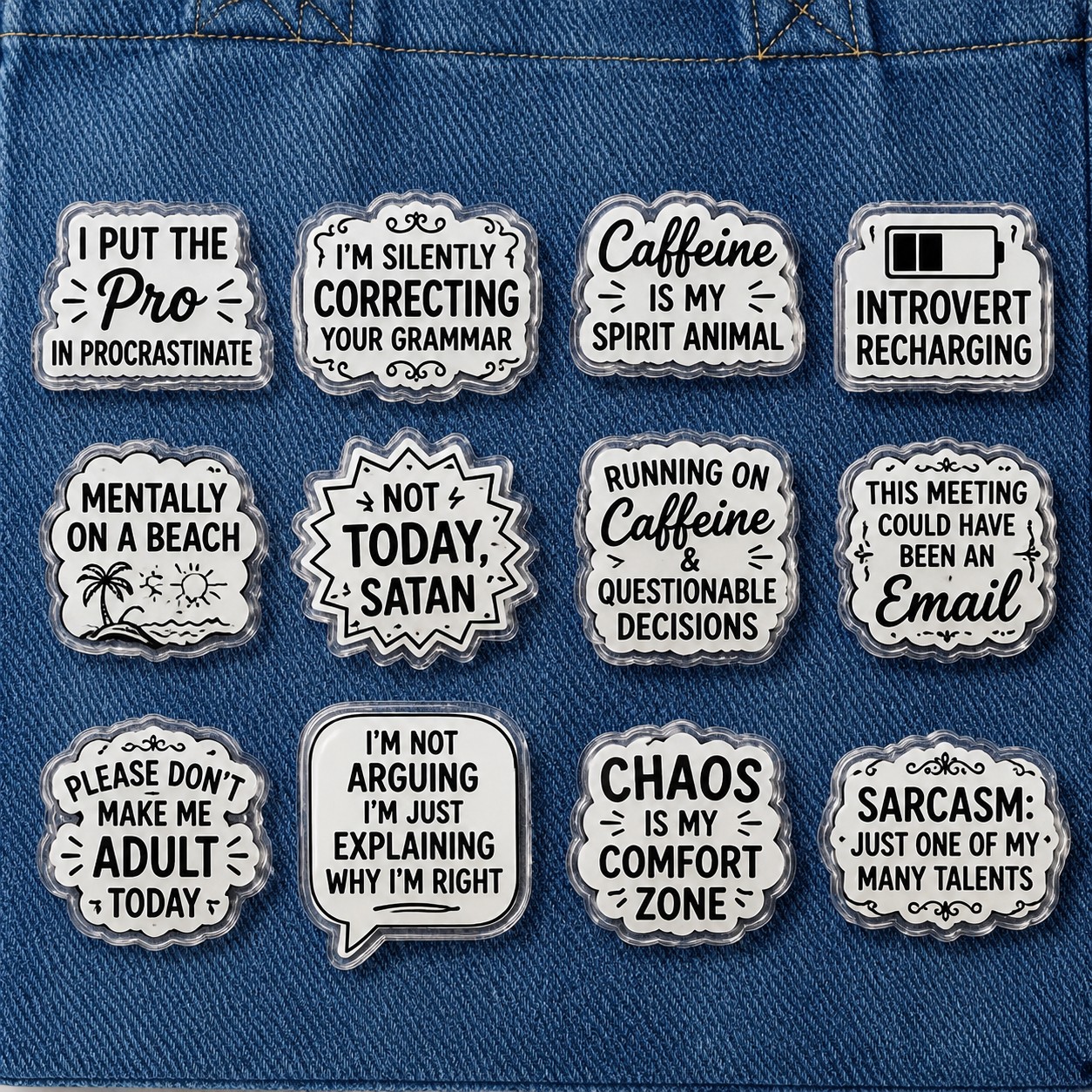 TEMU 2d Flat - (2d Flat Not 3d) 12pcs Set Of Personalized Humorous Quote Brooches, Fun And Badges, Acrylic Pins With Silicone Backing, Cute Brooches