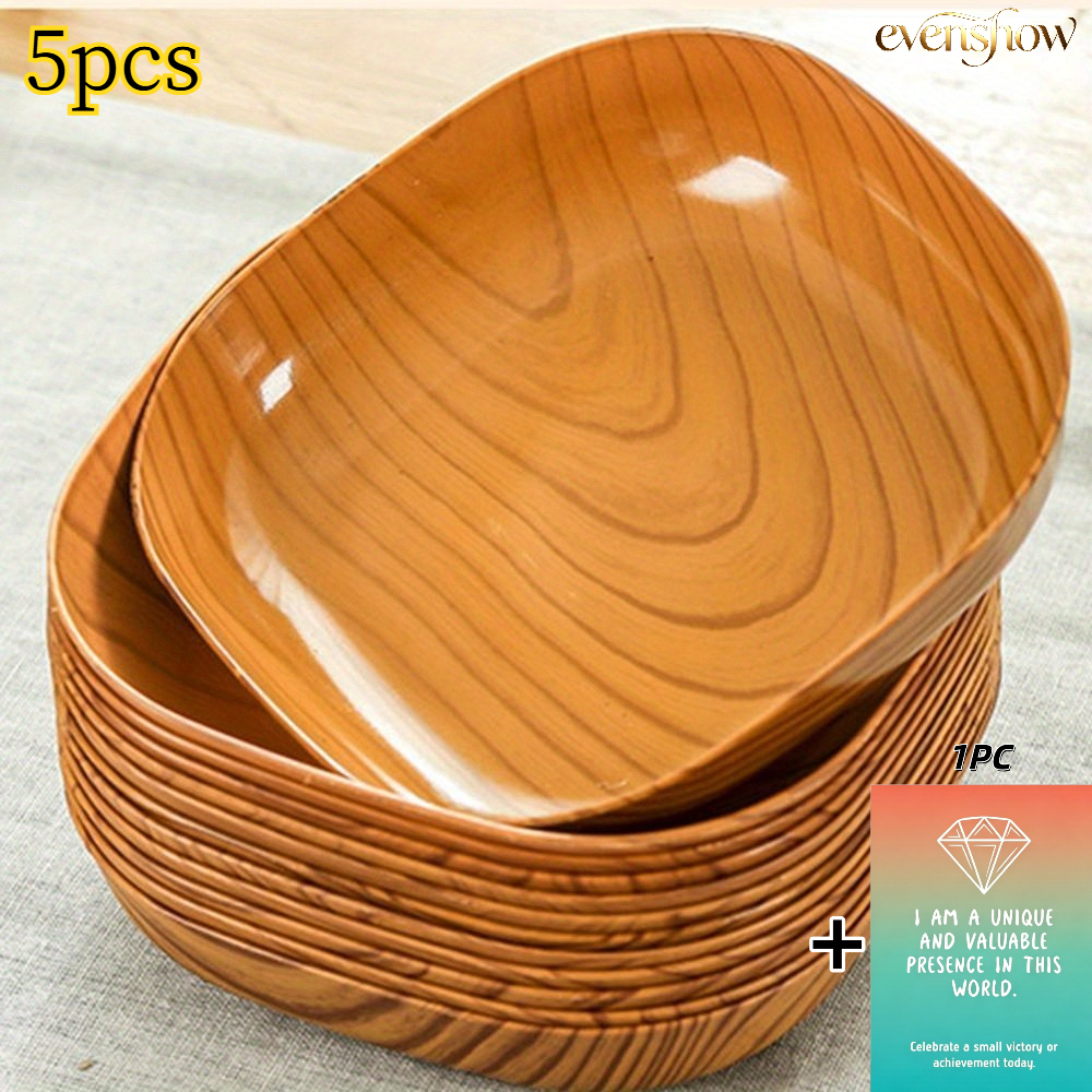 TEMU 5pcs Japanese Minimalist Wooden Grain Square Plate Set, Kitchen Wooden Grain Plastic Bowls And Dishes+1pc Card