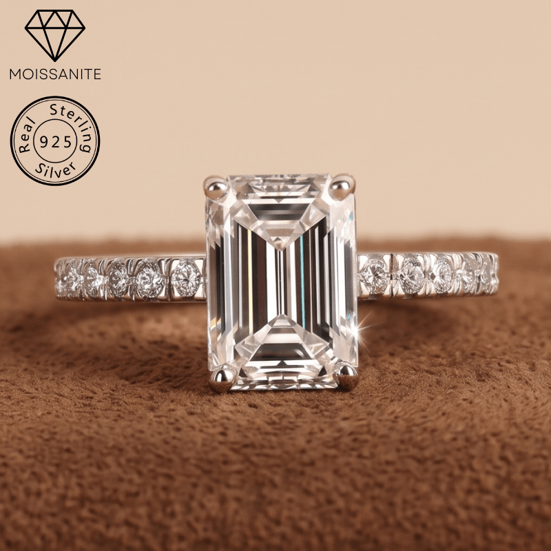 Women's 925 Silver Emerald Cut White Moissanite Ring, Classic Design